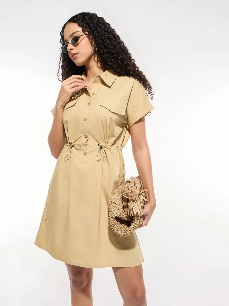 أوجيدر فستان قميص قصير الأكمام كاكي